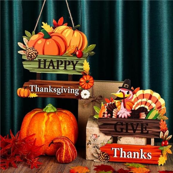 2 Pieces Give Thanks Wood Sign and Happy Thanksgiving Door Sign - Pumpkin Front - Picture 2 of 8